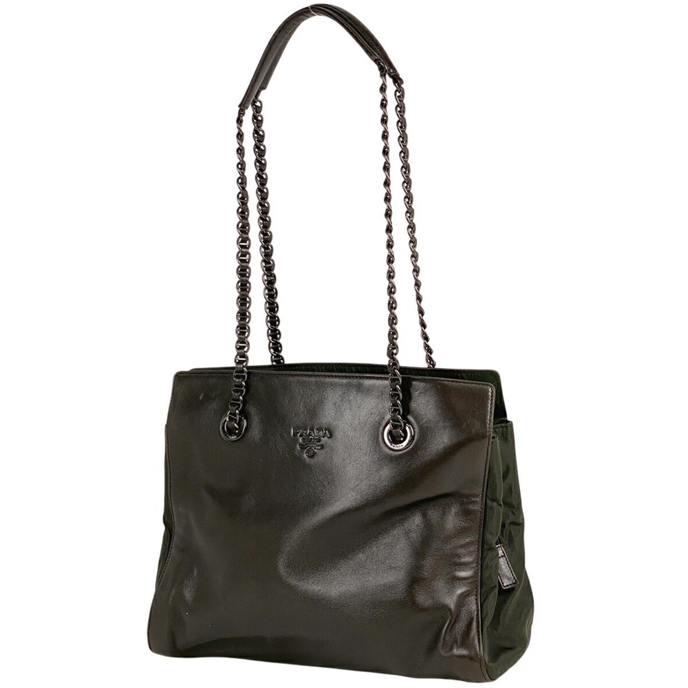 Prada Logo Chain Tote Bag Shoulder Leather Brown Green